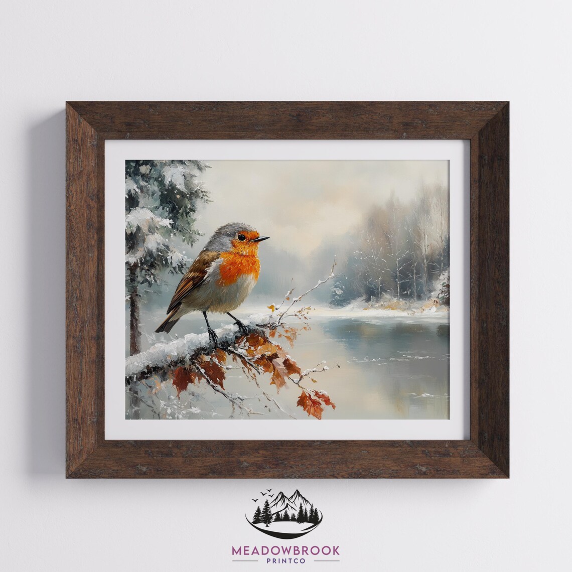 Robin On Snowy Maple Branch Frozen Lake Winter Scene Art Poster - Image 2