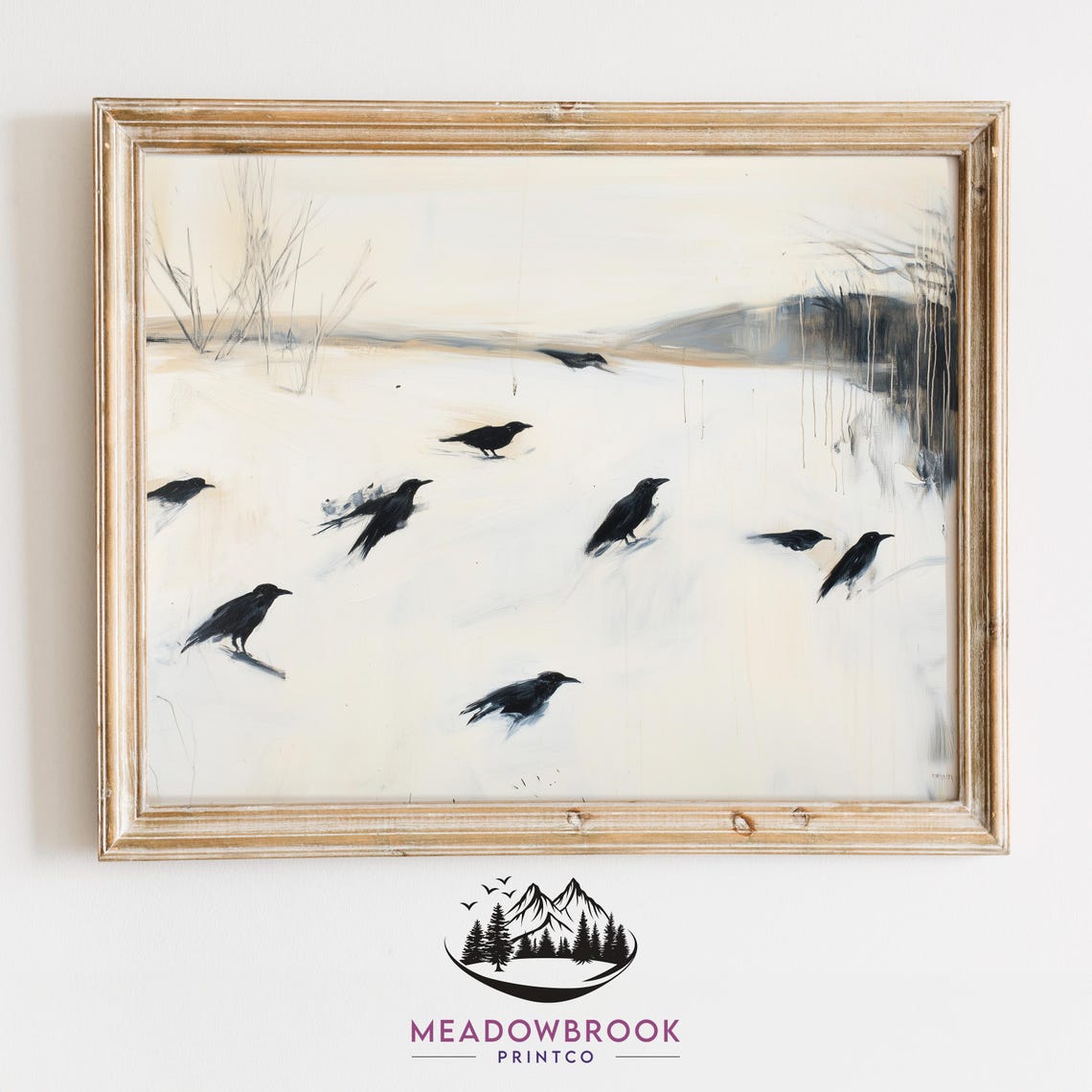 Flock Of Black Birds In Snowy Field Minimalist Winter Art Poster