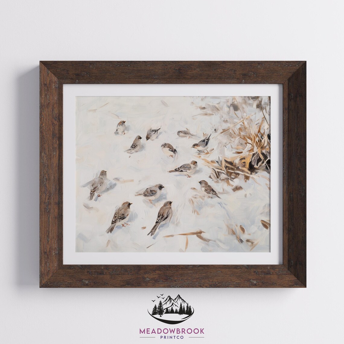 Snow Buntings Resting In Frosty Grass Cozy Winter Nature Art Poster - Image 2