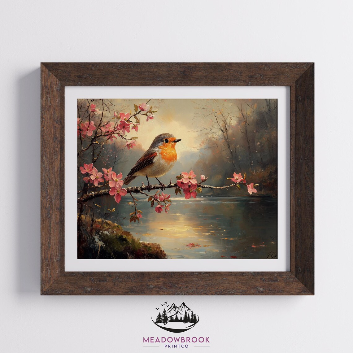 European Robin On Blossoming Pink Branch Over River Spring Art Poster - Image 2