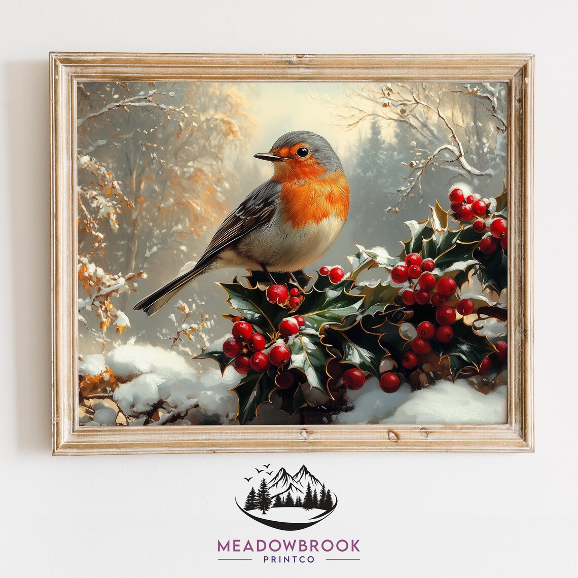 Robin Bird on Holly Branch With Red Berries Snowy Winter Forest Poster