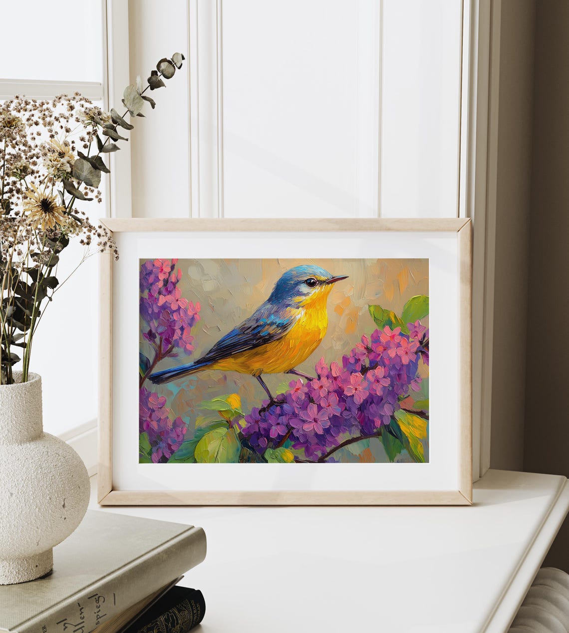 Blue Headed Yellow Warbler Among Purple Lilac Blossoms Spring Poster - Image 3
