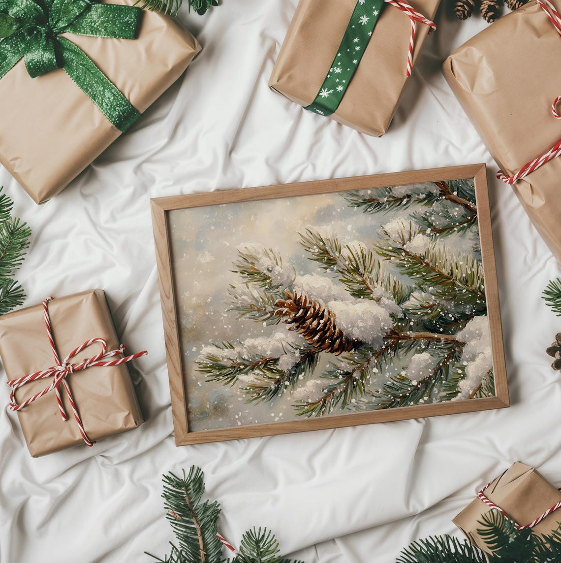Frosted Pine Branch With Snowfall Vintage Winter Painting Print - Image 3