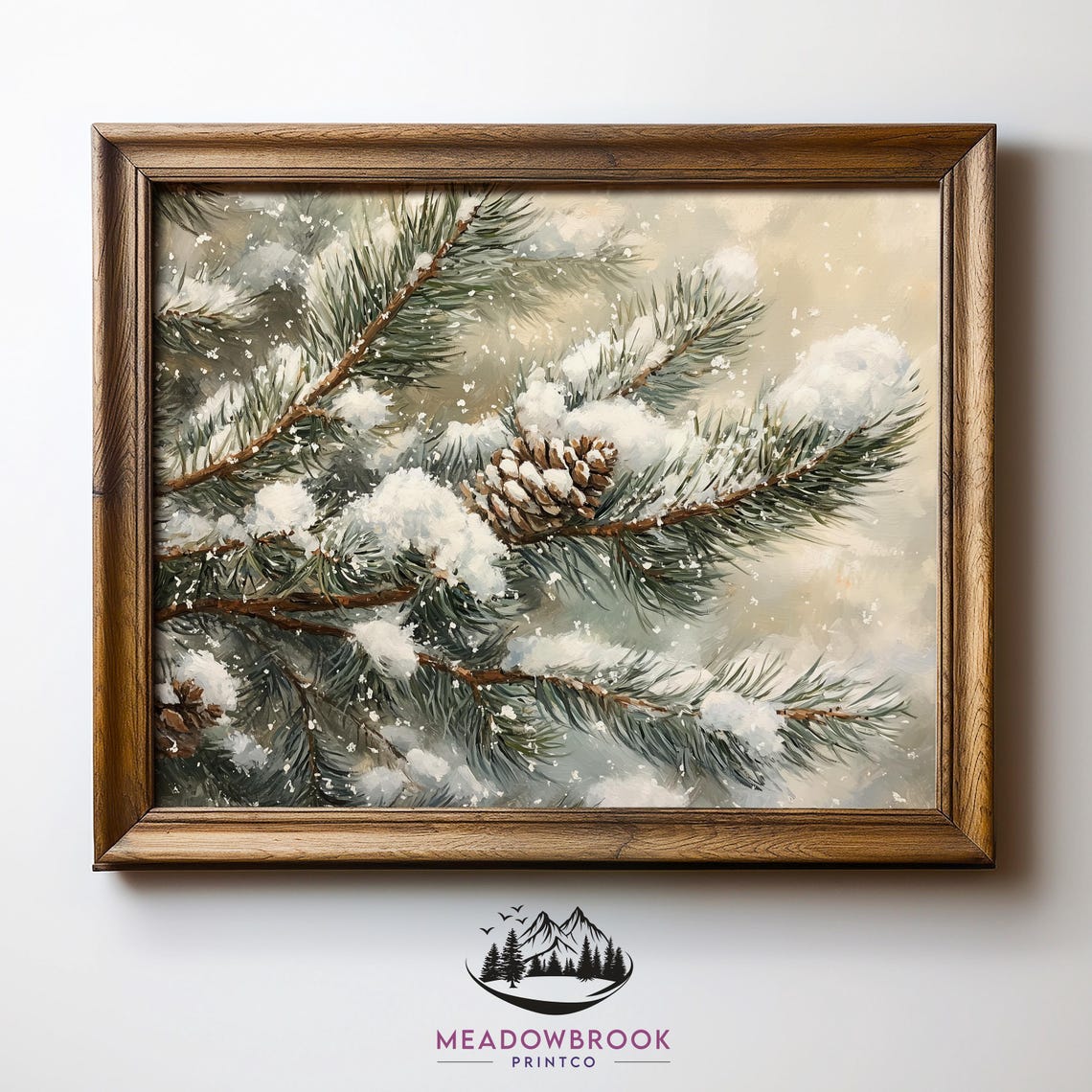 Snow Covered Pine Branches Close Up Vintage Winter Painting Print