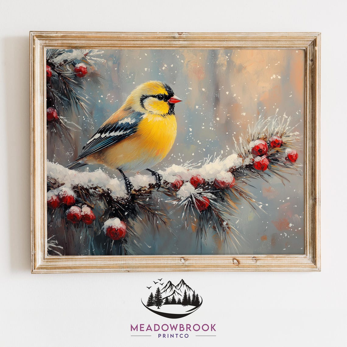 Goldfinch On Snow Covered Branch With Red Berries Winter Oil Poster