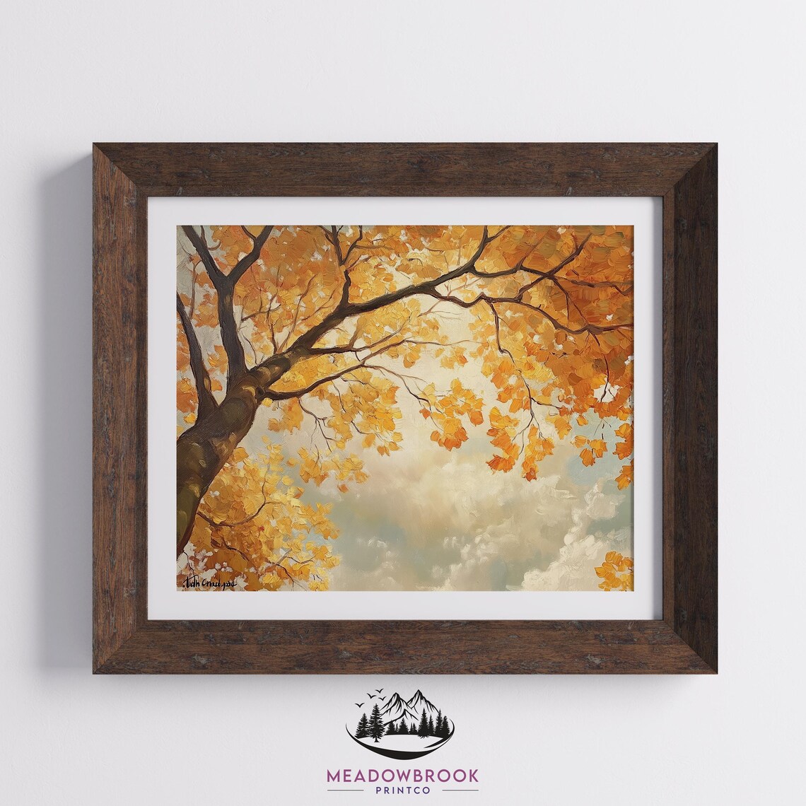 Golden Autumn Maple Canopy Sunlit Leaves Against Cloudy Sky Wall Art - Image 2