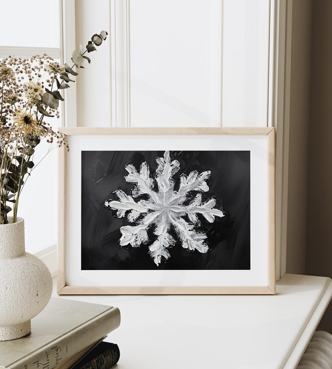 Bold White Snowflake On Black Textured Impasto Painting Print - Image 3