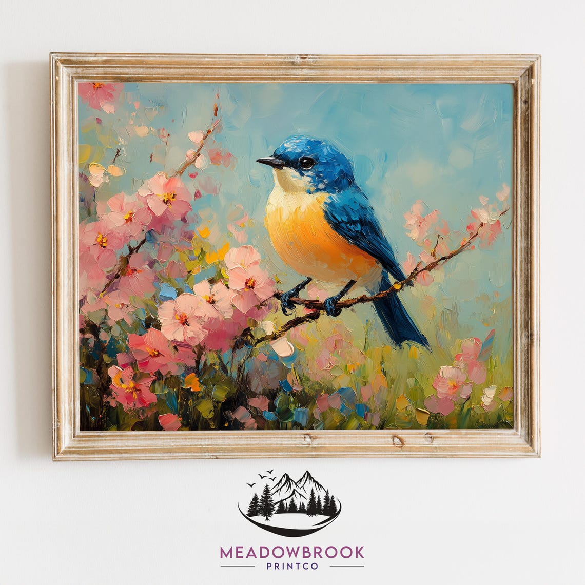 Bluebird On Blossoming Branch Pink Cherry Blossoms Spring Poster