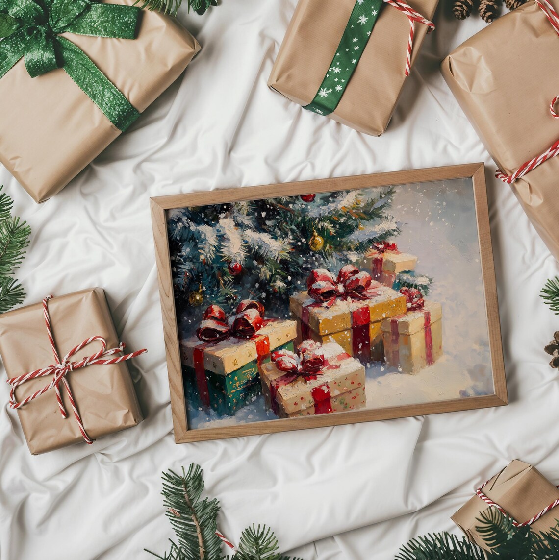 Snowy Christmas Gifts Under Tree Vintage Holiday Painting Print - Image 3