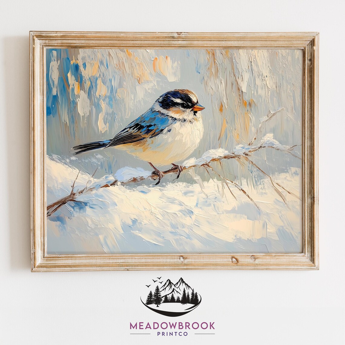 Sparrow Bird on Snow Covered Winter Branch Icy Blue Oil Art Poster