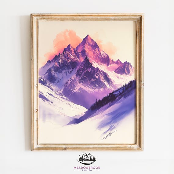 Majestic Snow Capped Peaks Pencil Sketch Wall Art Earthy Rustic Decor Cottagecore Nature Scene Art 934