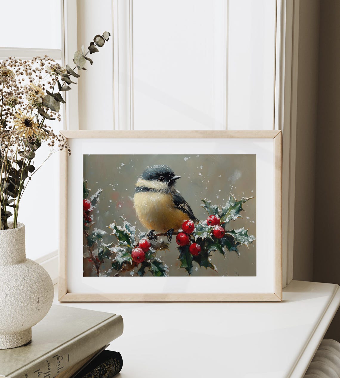 Chickadee Bird Perched On Snowy Holly With Red Berries Winter Poster - Image 3