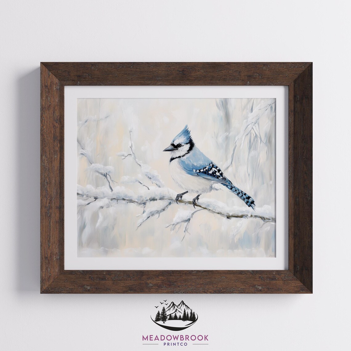 Lone Blue Jay Perched On Snowy Branch, Vintage Christmas - Image 2