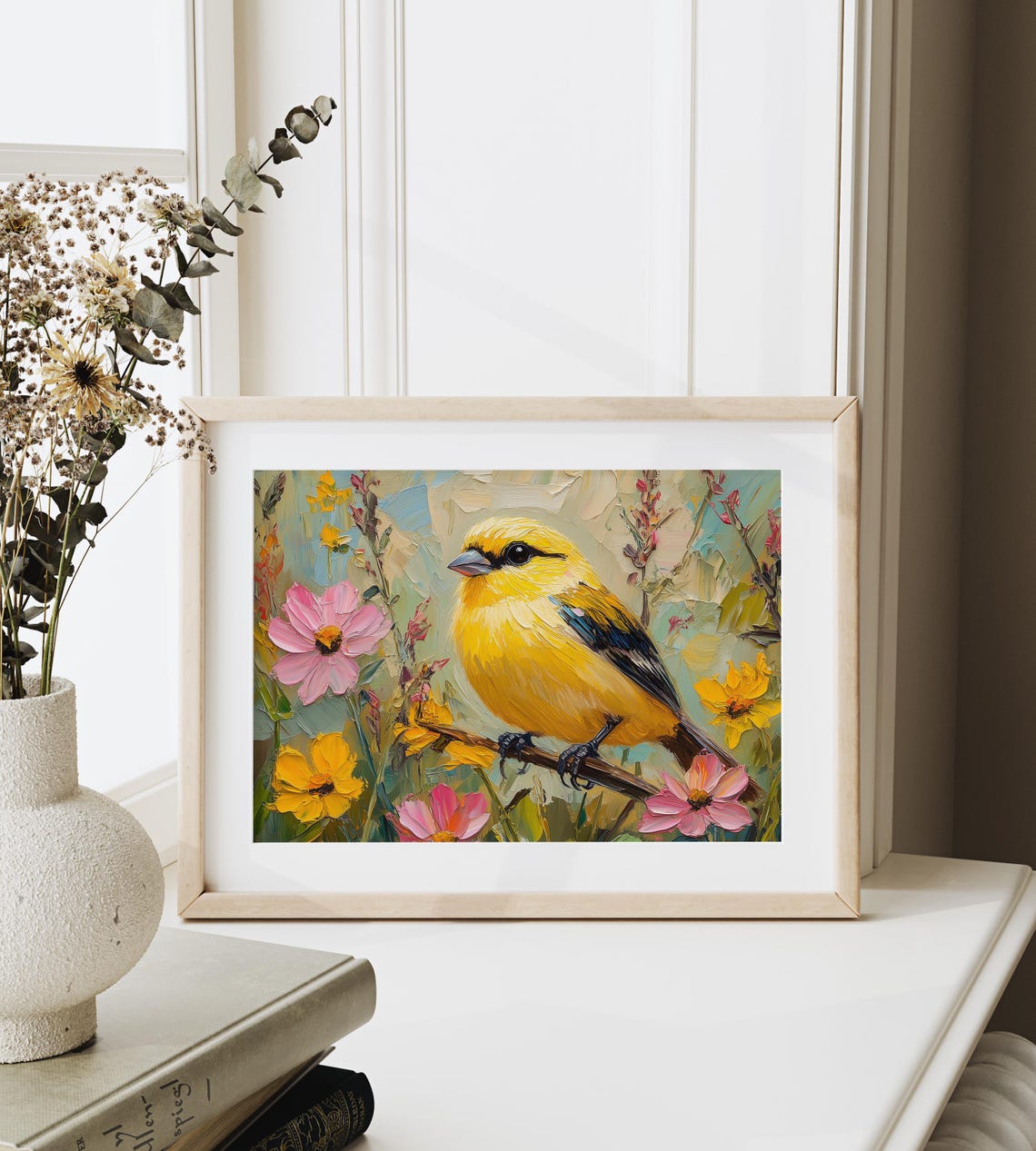 Goldfinch Bird Among Pink and Yellow Cosmos Flowers Impasto Poster - Image 3
