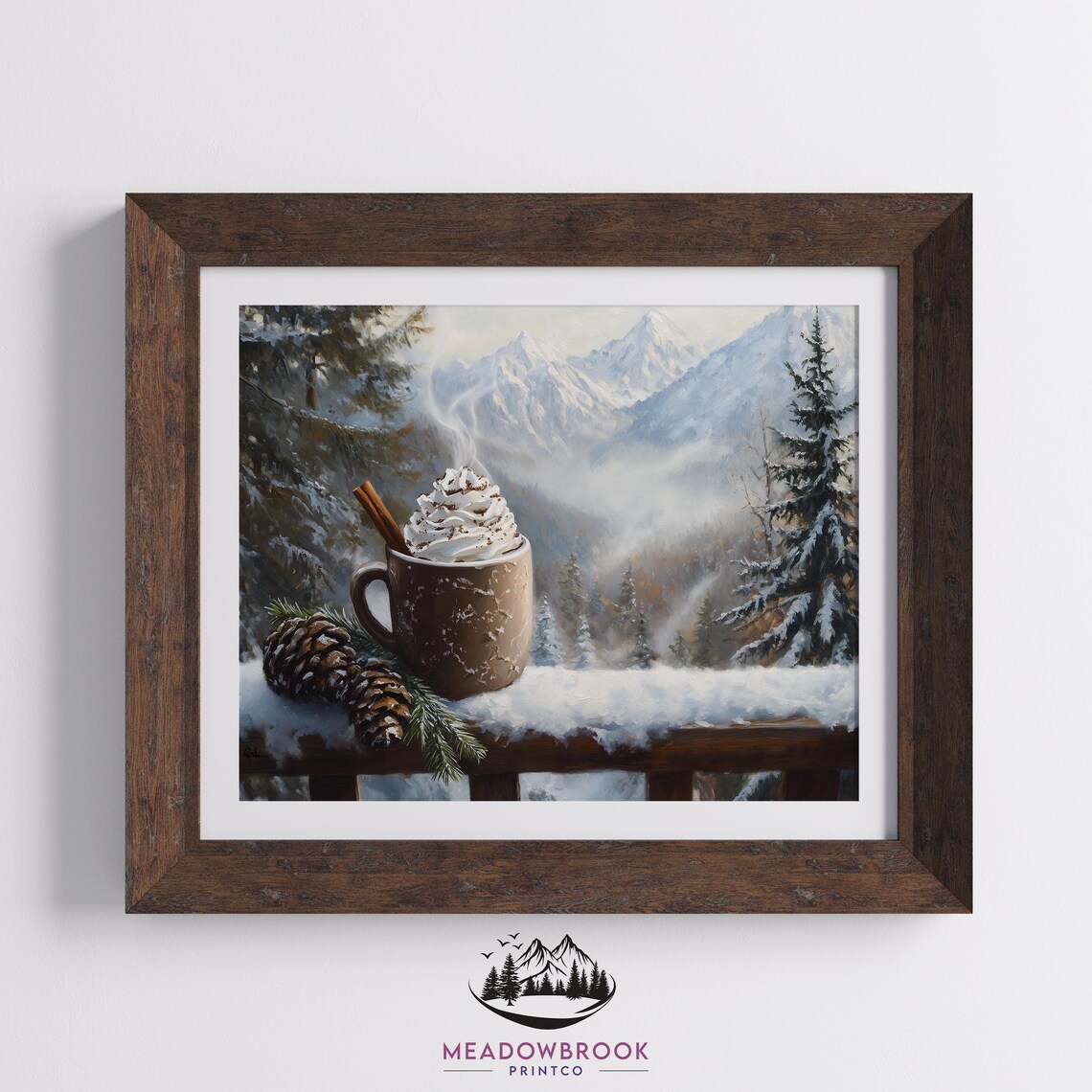 Steaming Cocoa Mug With Pinecones Snowy Mountain Cabin Art Poster - Image 2
