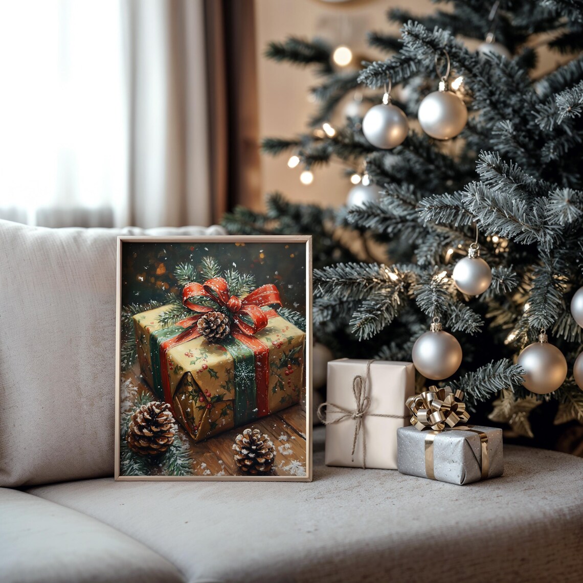 Christmas Gift With Ribbons And Pinecones Art Print - Image 2