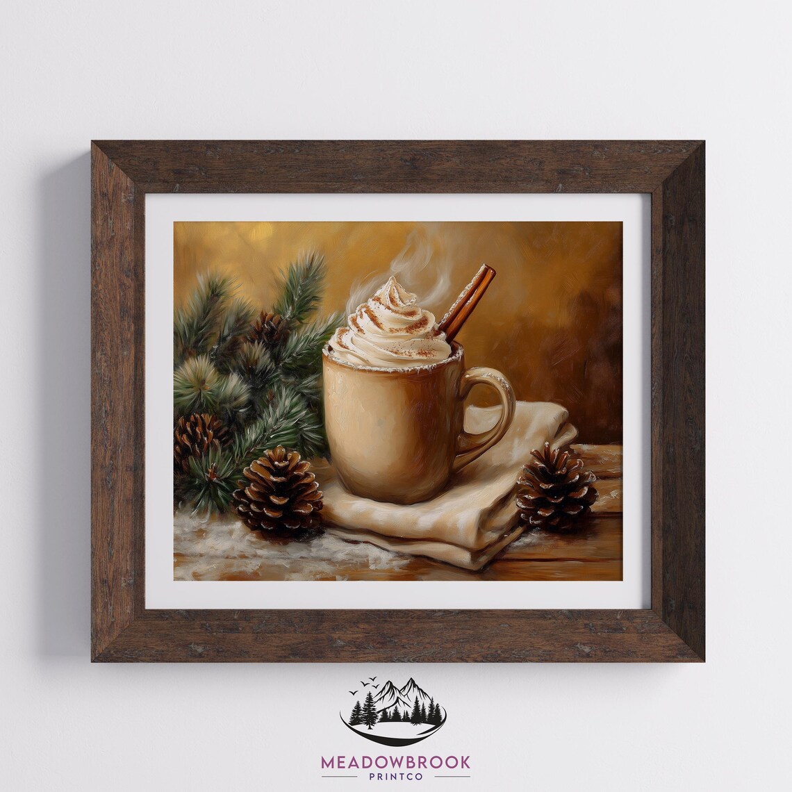 Steaming Cocoa Mug With Pinecones Golden Winter Kitchen Art Poster - Image 2