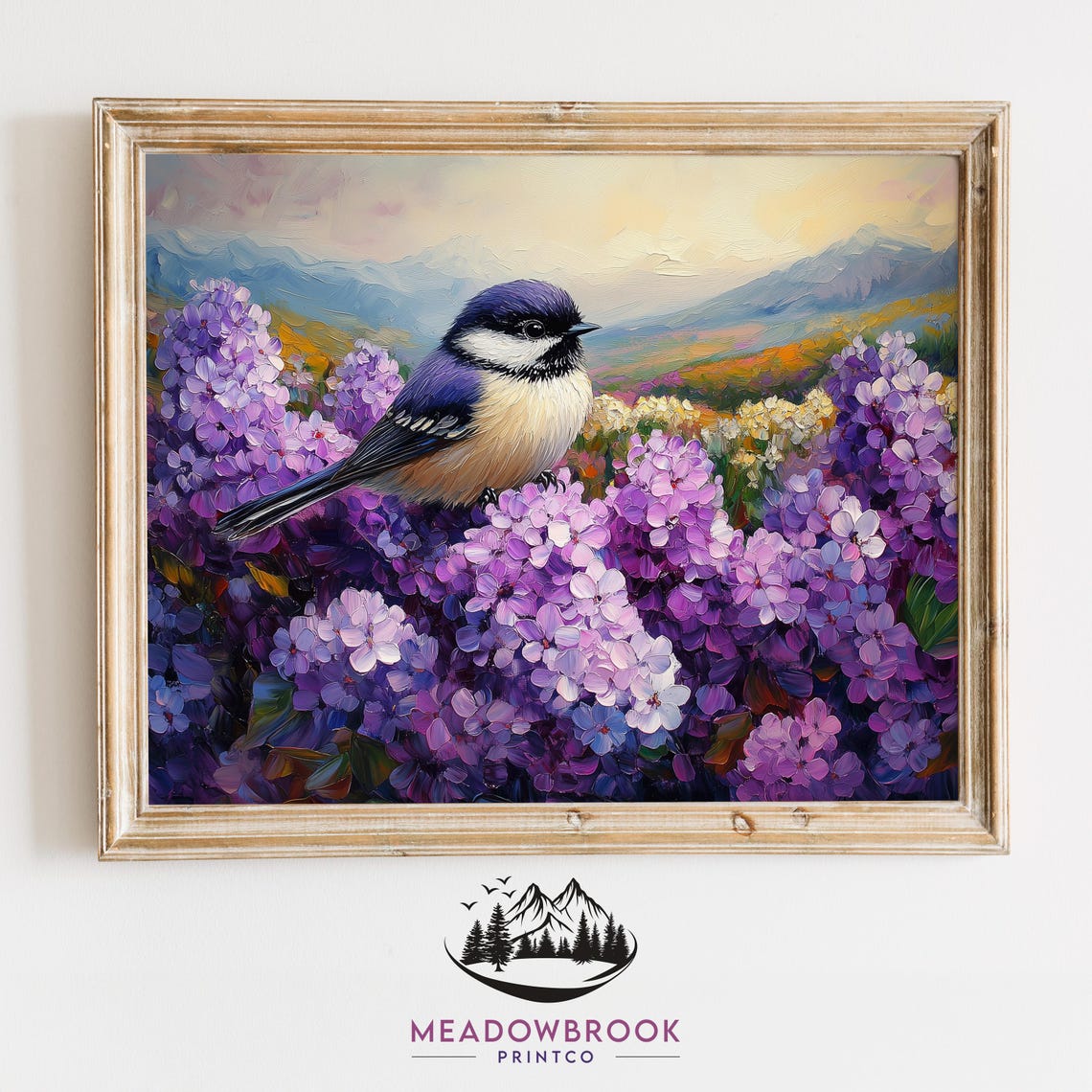 Chickadee In Purple Lilac Blooms Mountain Meadow Spring Art Poster