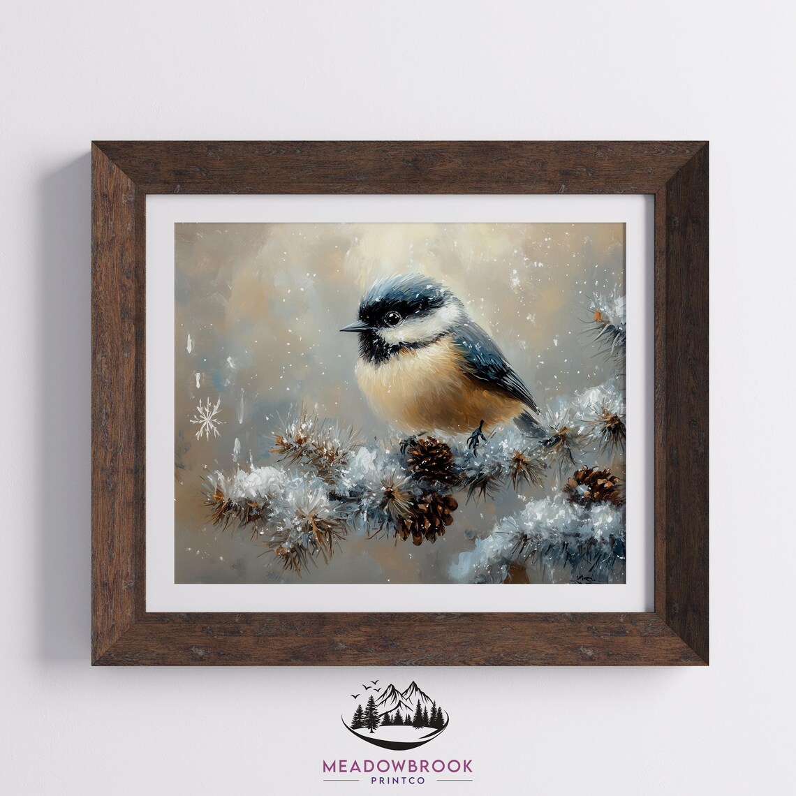 Chickadee Bird on Snowy Evergreen Branch With Pinecones Winter Art - Image 2