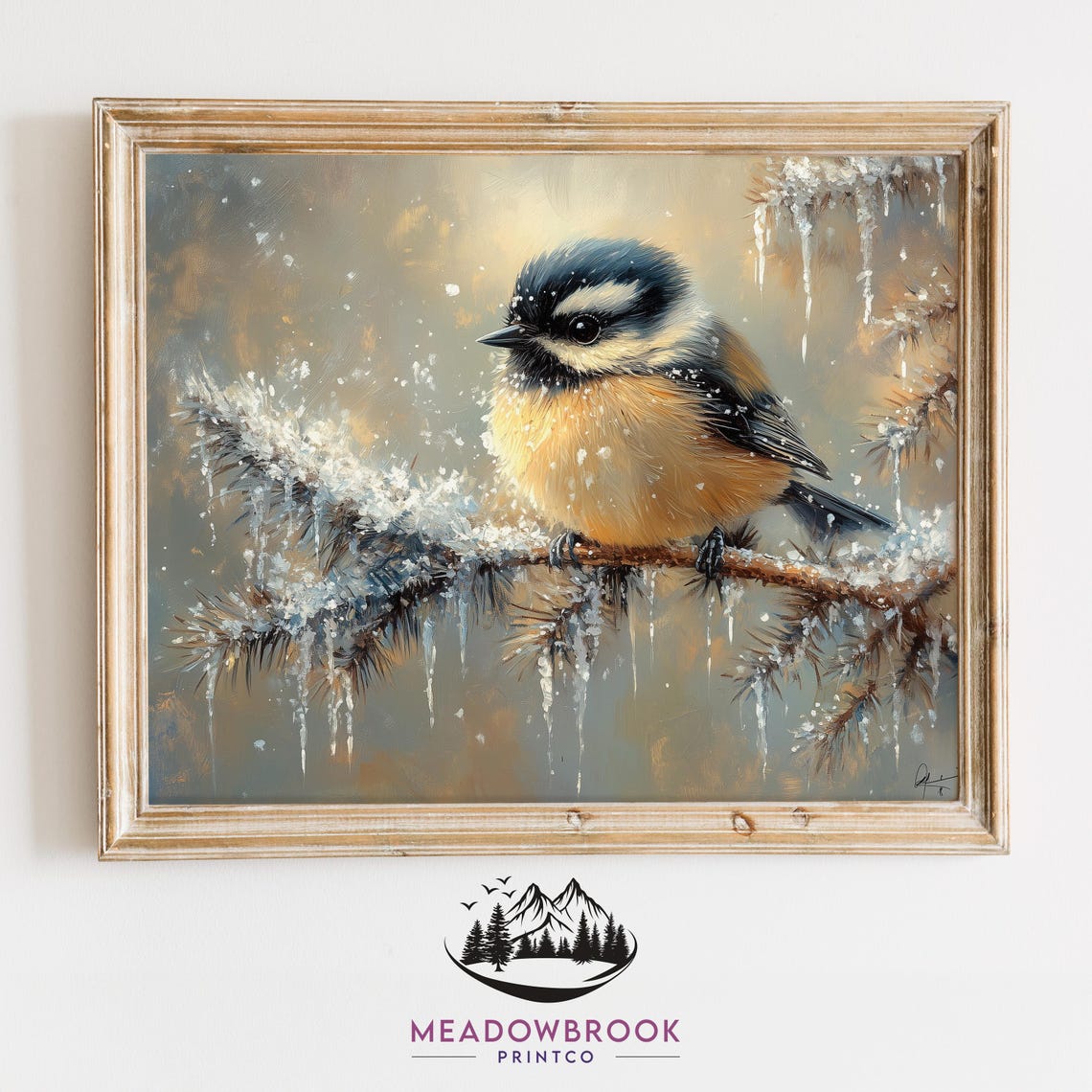Chickadee On Icicle Draped Branch Glittering Snow Winter Art Poster