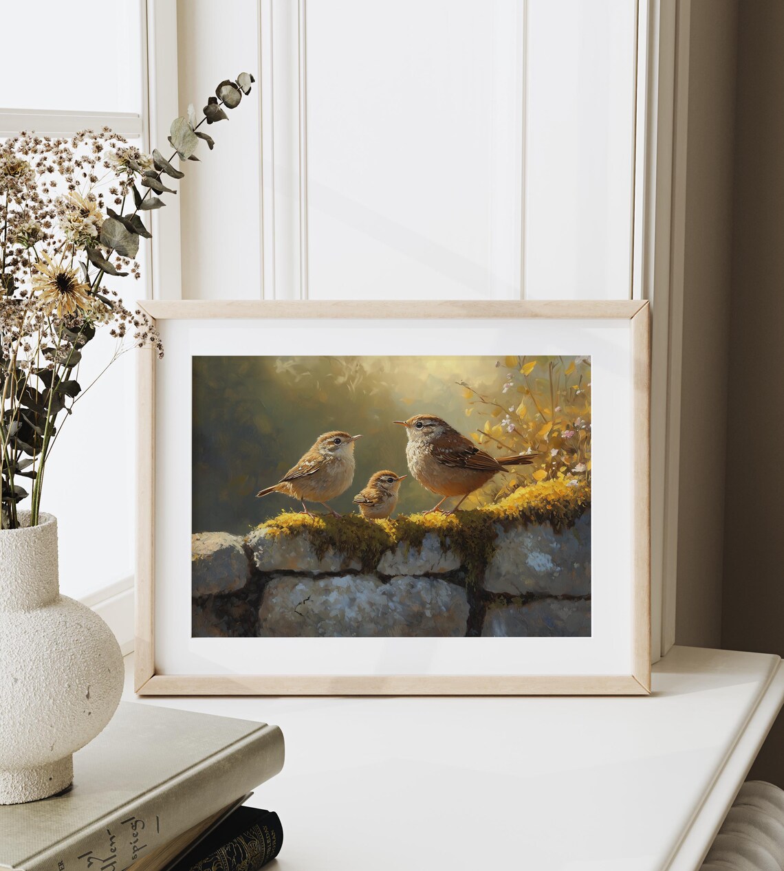 Three Wrens On A Mossy Stone Wall Vintage Bird Nature Art Poster - Image 3