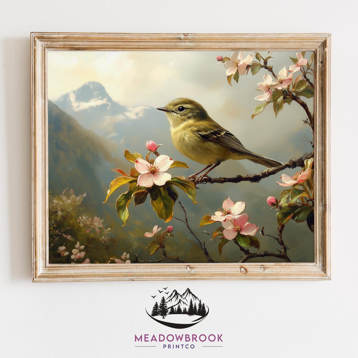 Kinglet Bird on Pink Apple Blossom Branch Misty Mountain Spring Poster