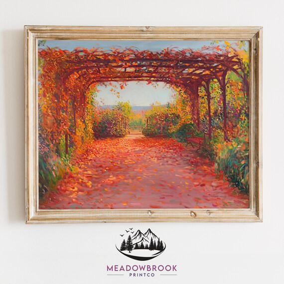 Rustic Pergola Covered In Autumn Vines Painting Moody Earthy Landscape Cozy Cottagecore Wall Art Fall Home Decor 103