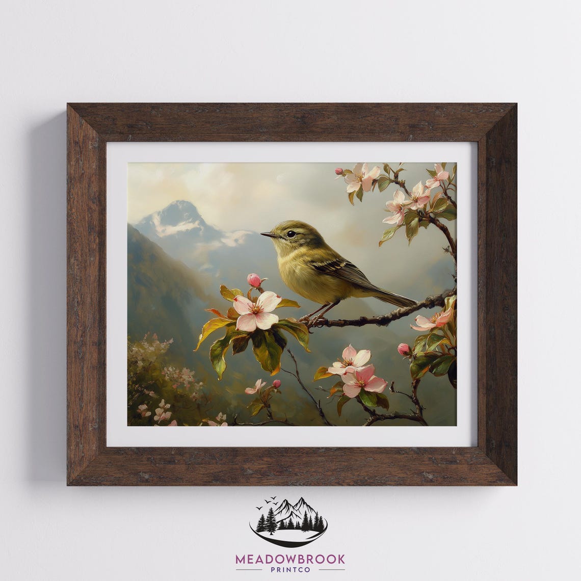 Kinglet Bird on Pink Apple Blossom Branch Misty Mountain Spring Poster - Image 2
