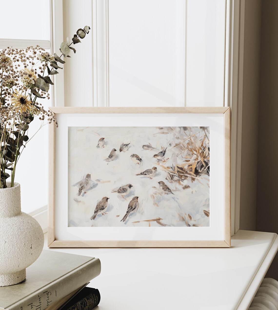 Snow Buntings Resting In Frosty Grass Cozy Winter Nature Art Poster - Image 3
