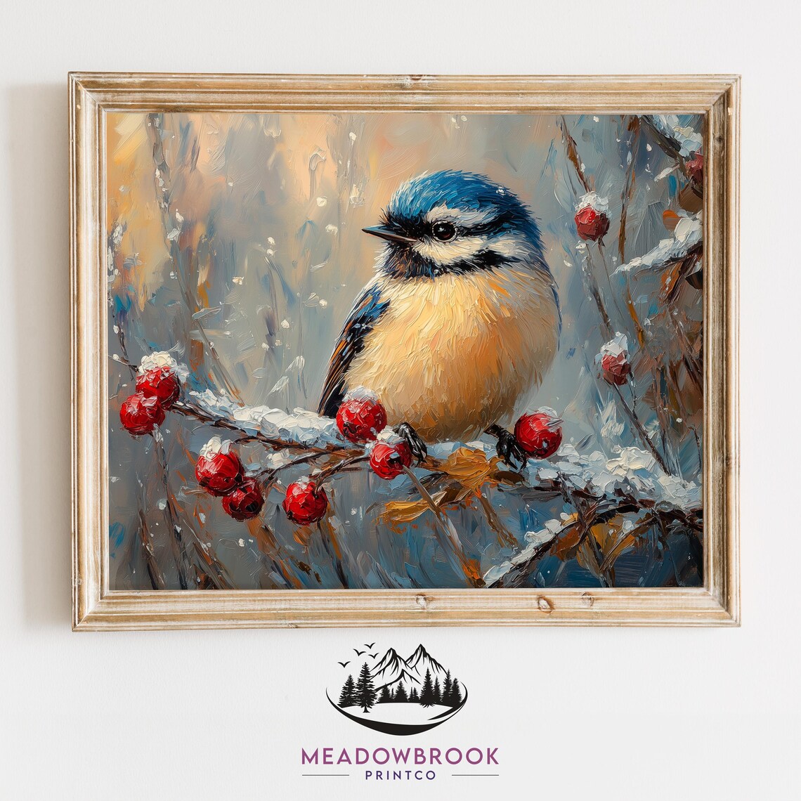 Blue Tit Bird Among Snowy Red Berries Winter Oil Painting Poster