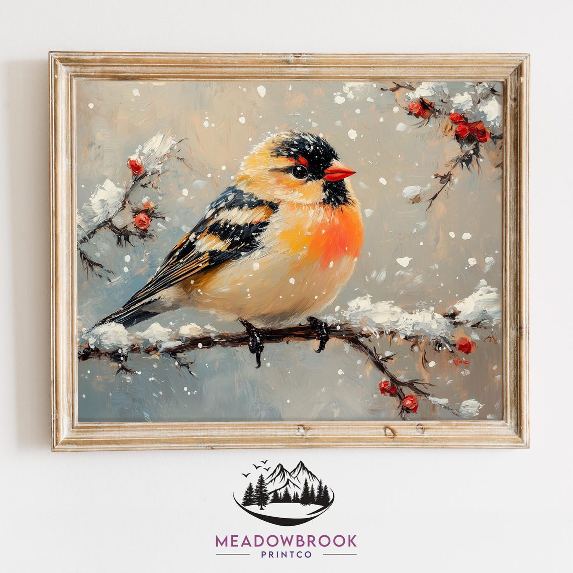 Golden Breasted Finch In Falling Snow Berry Branch Winter Poster