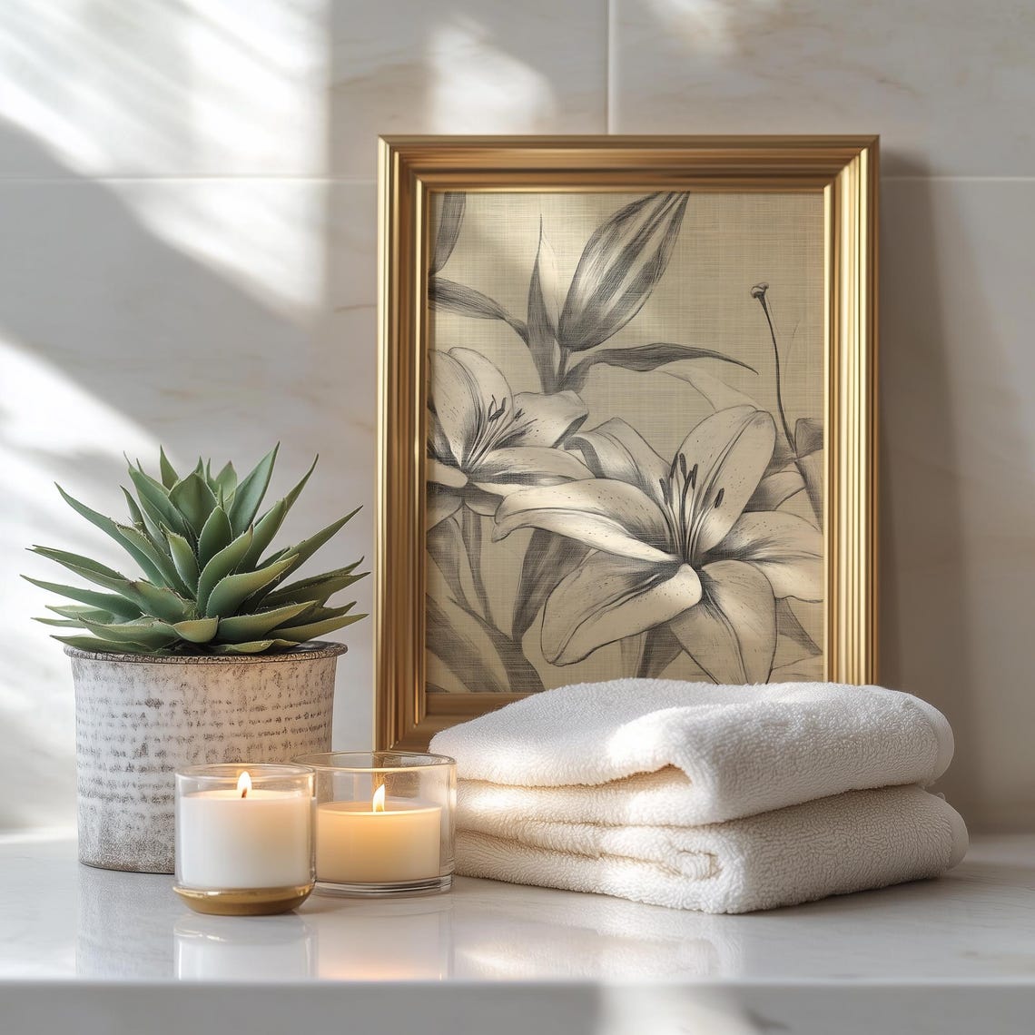 Vintage Lily Flowers Pencil Sketch Neutral Botanical Art Poster - Image 3