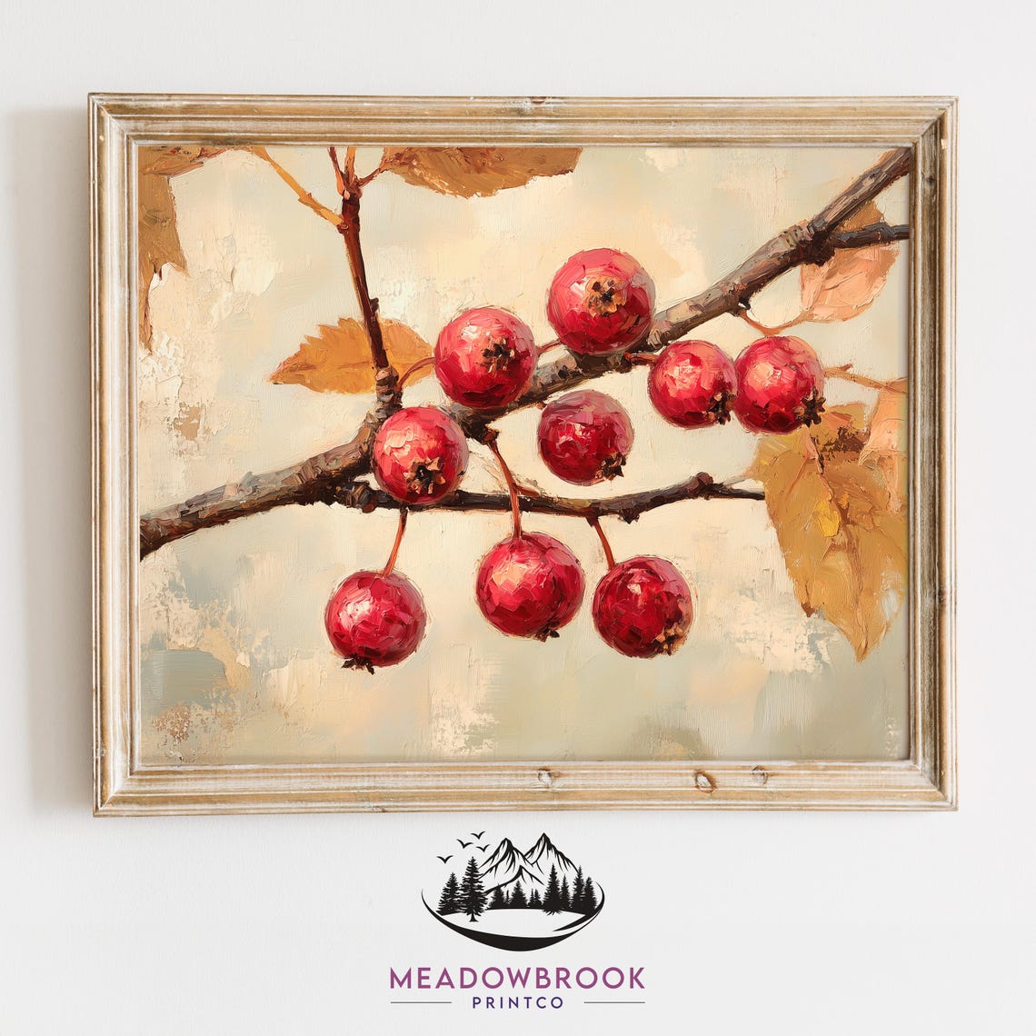 Red Autumn Hawthorn Berries On Branch Rustic Fall Botanical Wall Art