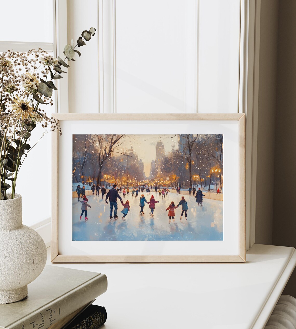 Winter Ice Skaters in Snowy City Park, Art Print - Image 3