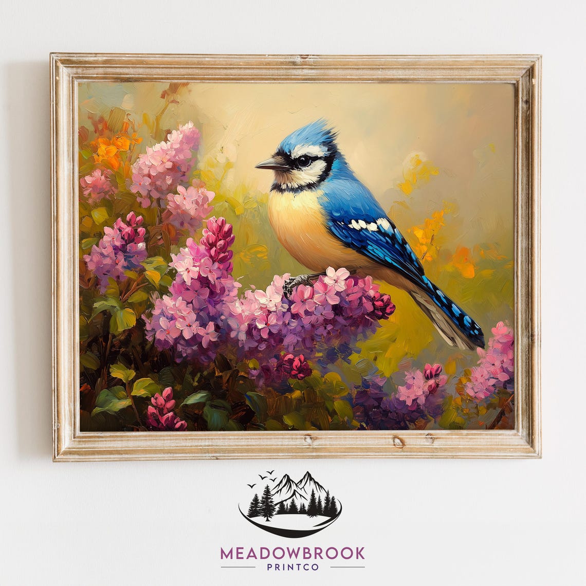 Blue Jay Perched In Lilac Blooms Golden Garden Spring Art Poster