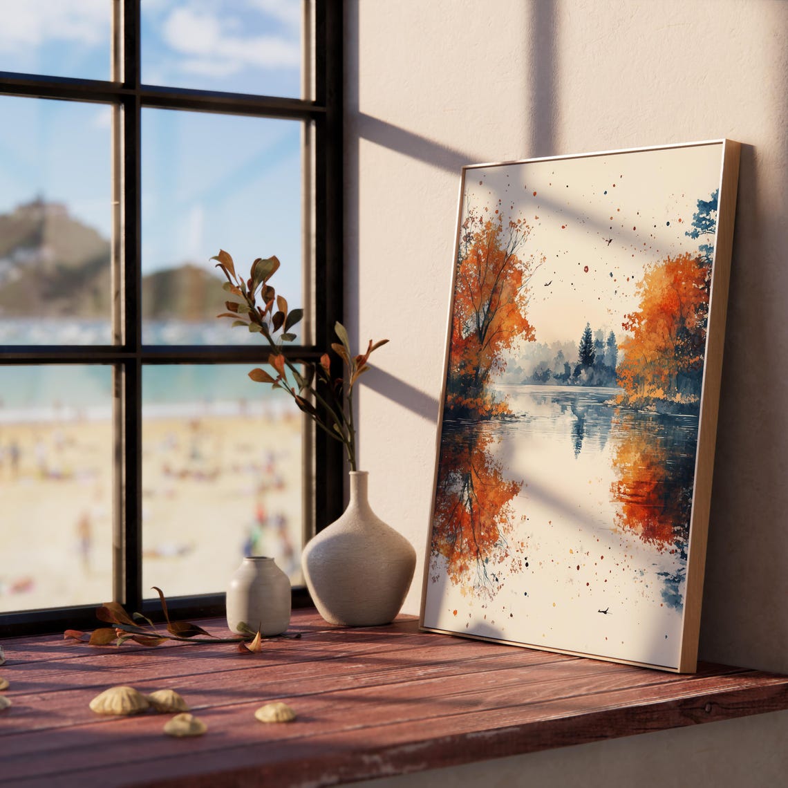 Autumn Lake Golden Trees Mirror Reflection Splash Watercolor Poster - Image 2