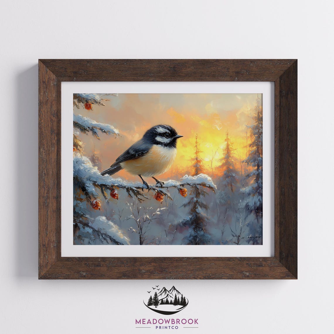 Chickadee On Icy Snowy Branch At Golden Winter Sunset Forest Poster - Image 2