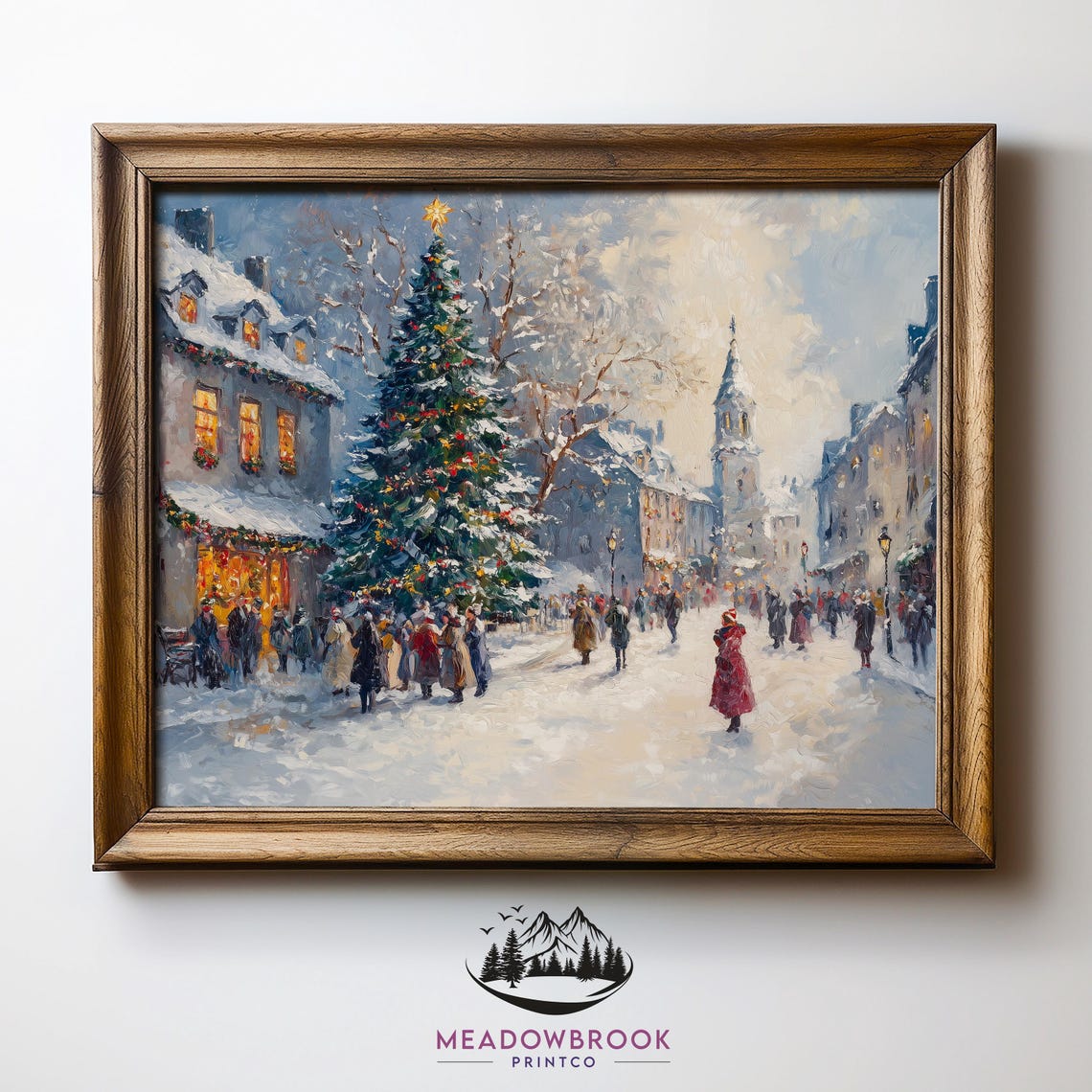 Festive Christmas Village Square Tree Vintage Holiday Painting Print