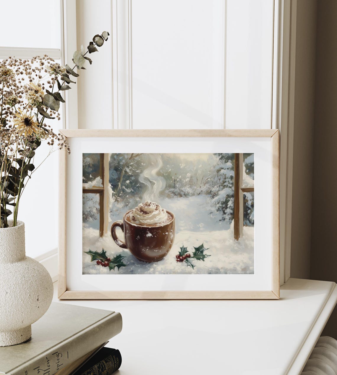 Steaming Cocoa Mug With Holly On Snowy Windowsill Art Poster - Image 3
