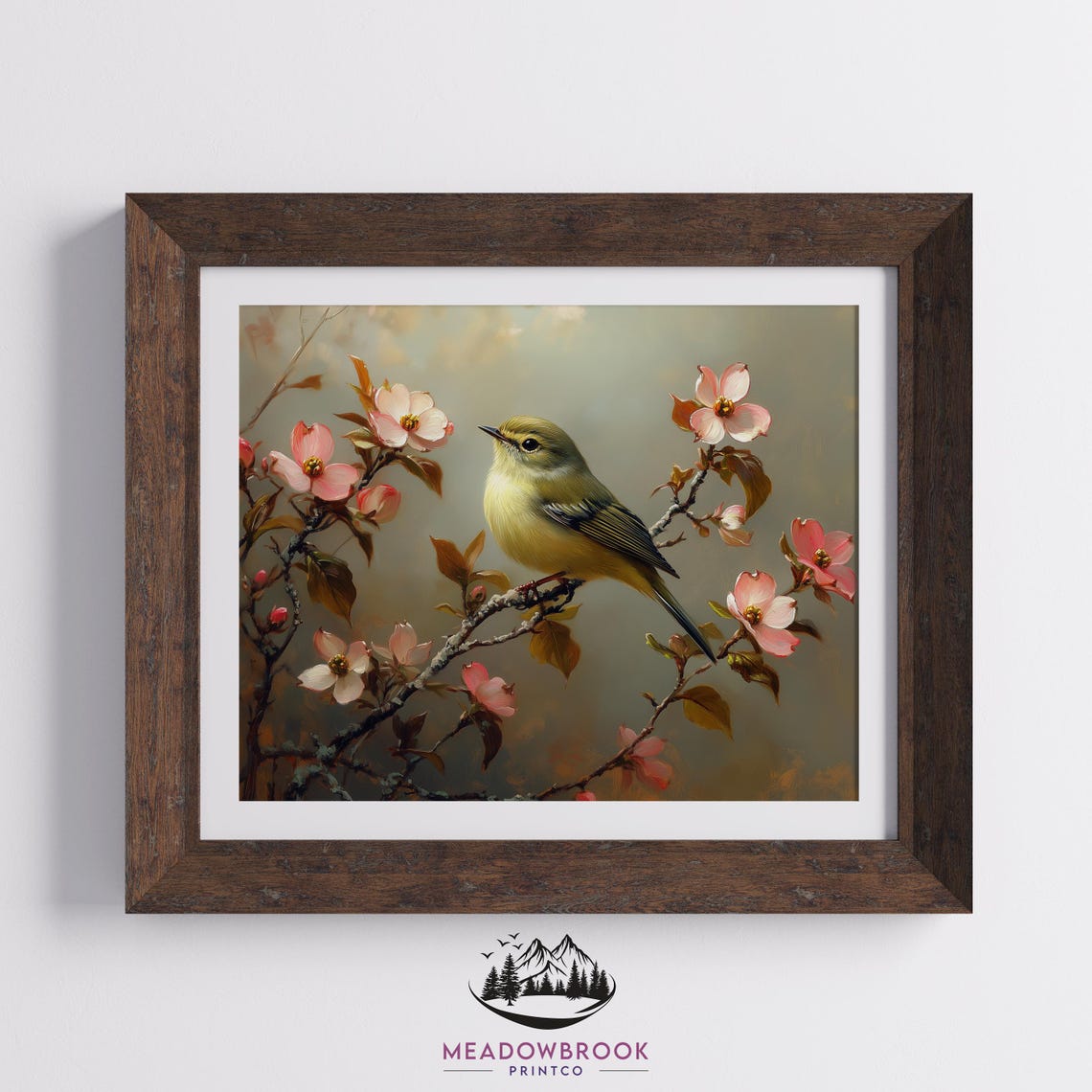 Tiny Yellow Kinglet Perched Among Pink Dogwood Blossoms Spring Poster - Image 2