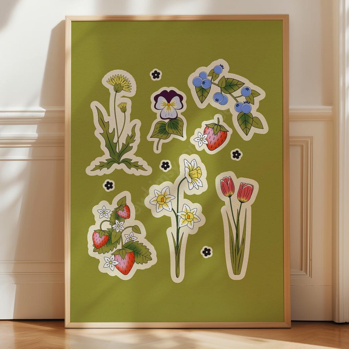 Vintage Botanical Floral Sticker Sheet Strawberry Tulip Wall Poster