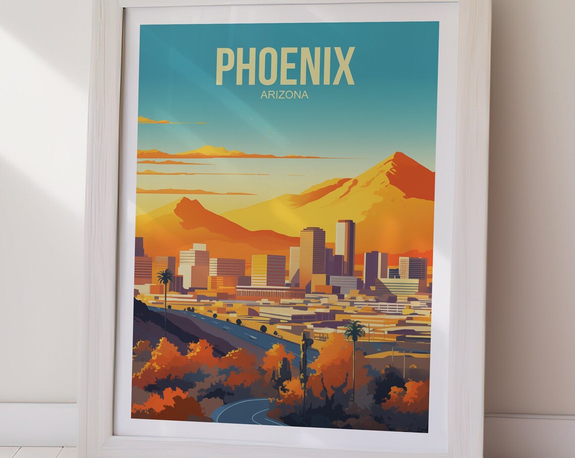 Phoenix Arizona Desert Mountains Sunset City Skyline Travel Poster - Image 2