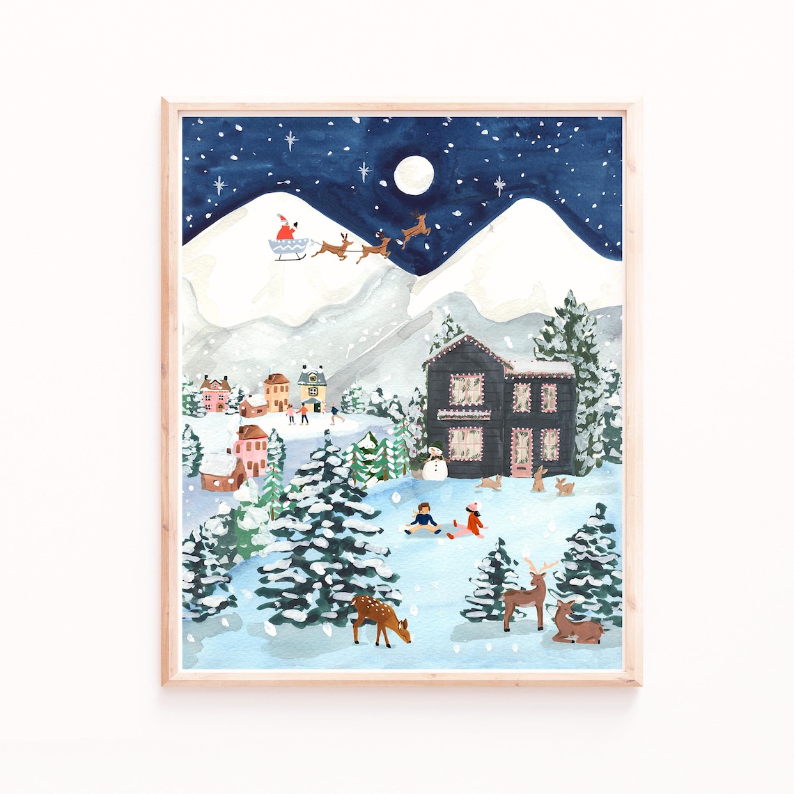 Christmas Village Art Print, Festive Winter Scene - Image 4