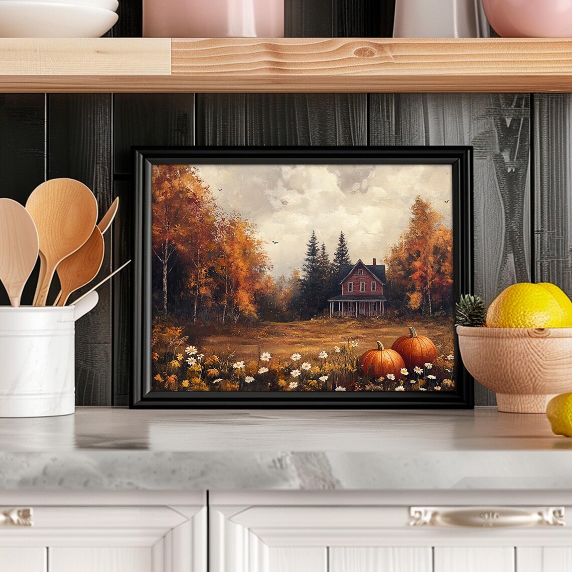 Red Farmhouse in Autumn Landscape With Pumpkins Daisies Country Fall Poster - Image 4