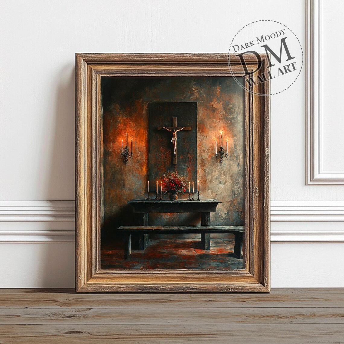 Candlelit Crucifix Chapel Gothic Moody Religious Altar Art Print