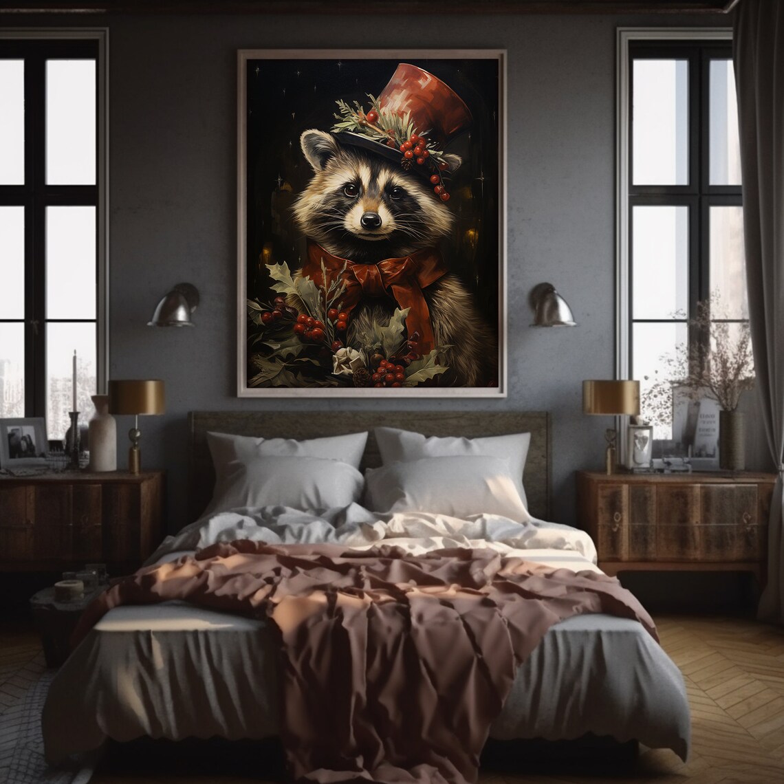 Vintage Christmas Raccoon Art Print, Festive Decor - Image 4