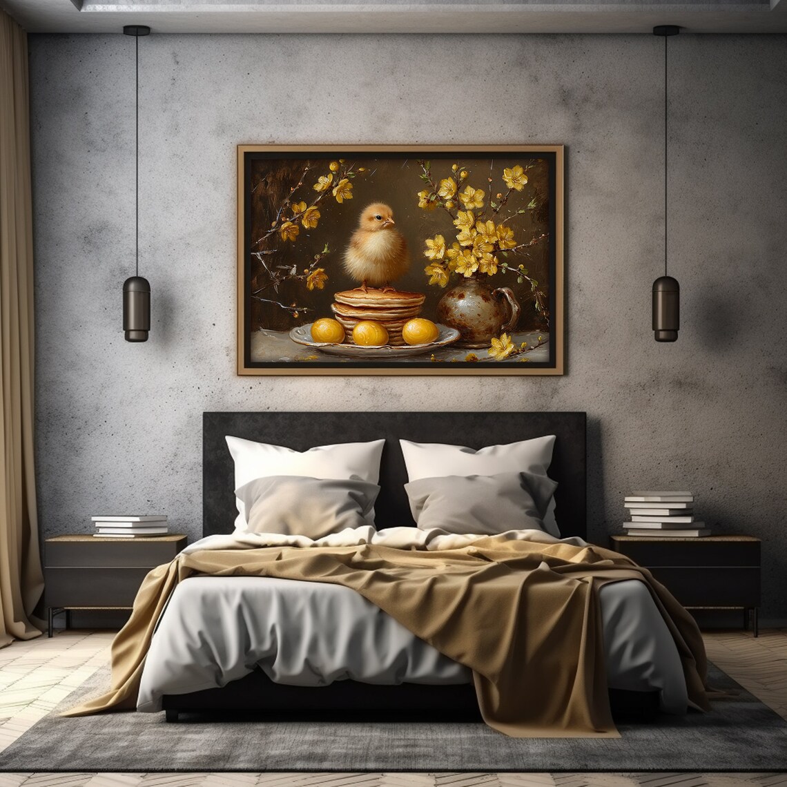 Fluffy Chick on Pancakes With Yellow Blossoms Spring Easter Painting Poster - Image 3