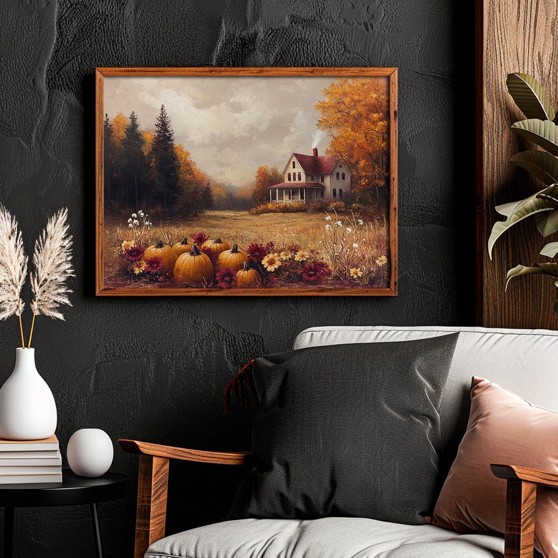 Moody Pumpkin Farm House Autumn Landscape Fall Harvest Poster - Image 2