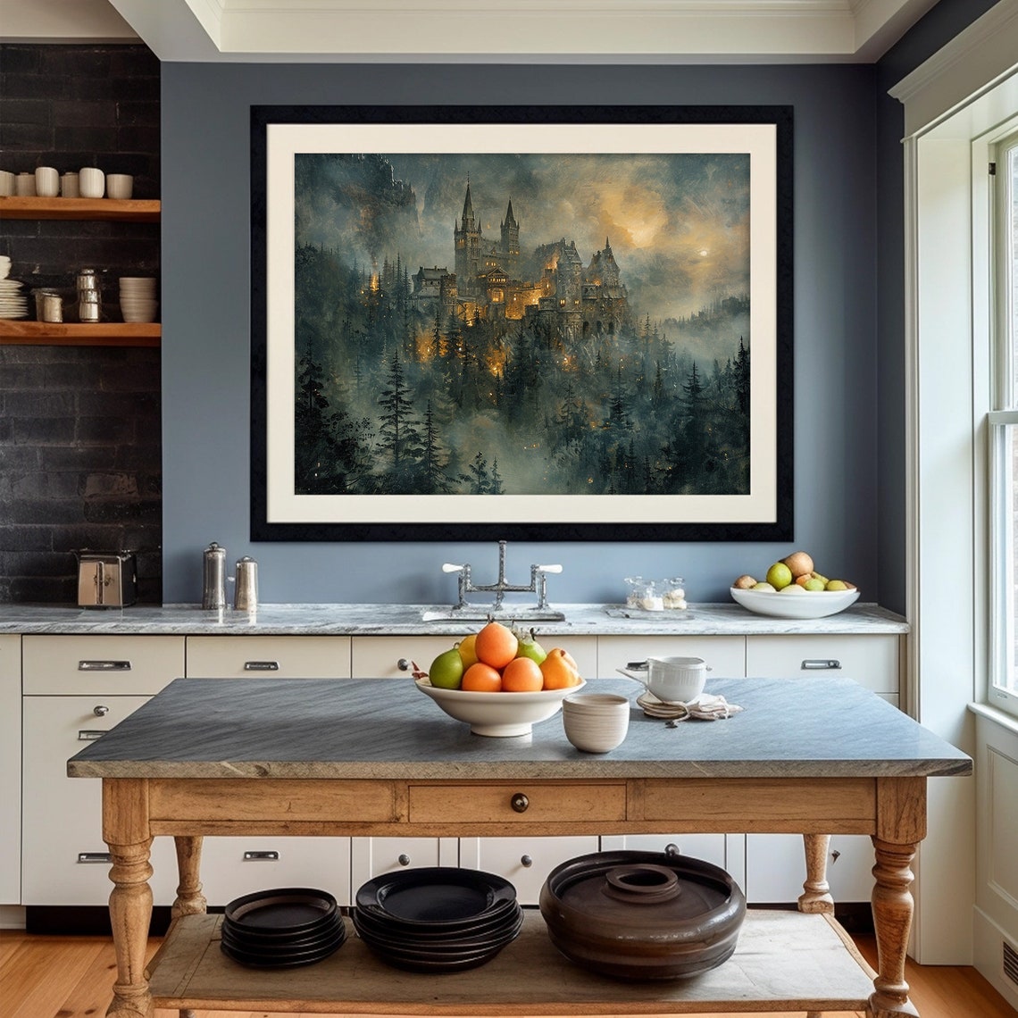 Fantasy Castle In The Forest Night Lights Fairytale Painting Poster - Image 2