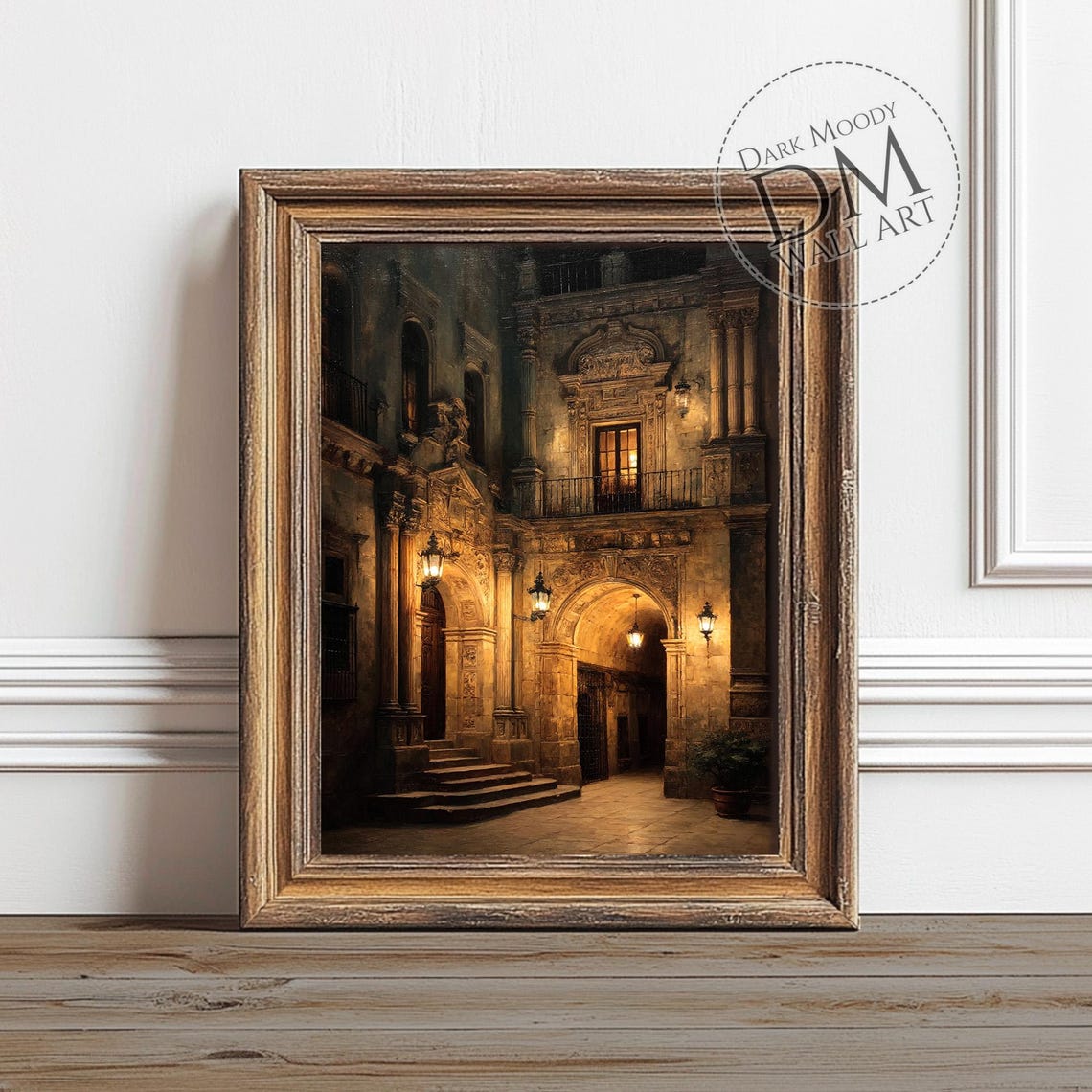 Gothic Castle Courtyard at Night Moody Medieval Oil Painting Poster